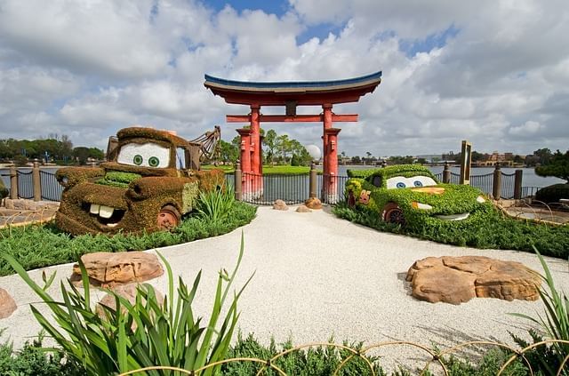 Topiary figures resembling animated cars at Disney’s Hollywood Studios near Lake Buena Vista Resort Village & Spa