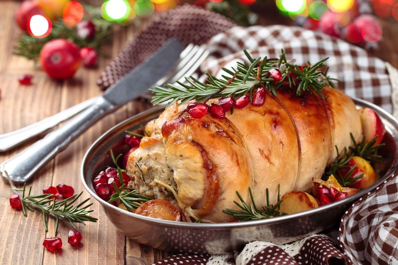 Close-up of a Thanksgiving turkey bowl with rosemary & pomegranate on the table at The Diplomat Resort