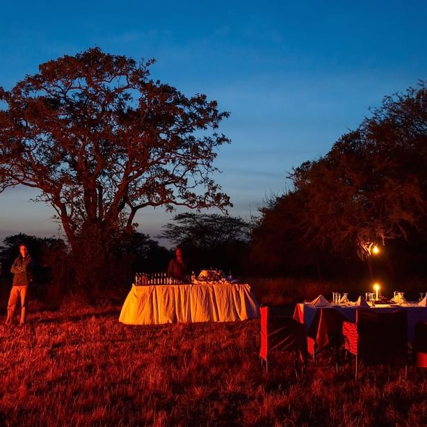 An outdoor dining area at Kirawira Serena Camp