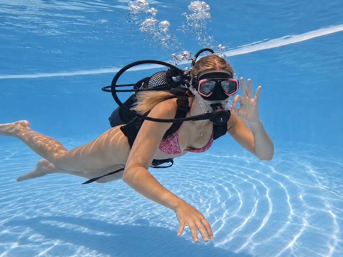A diver making the OK sign in the hotel pool