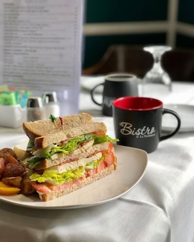 Club sandwich with Bistro cup at La Tourelle Hotel and Spa