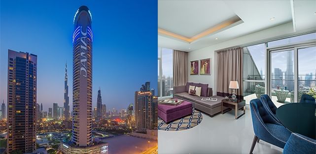 Split image with DAMAC Maison Distinction at dusk on the left and a modern interior living space on the right