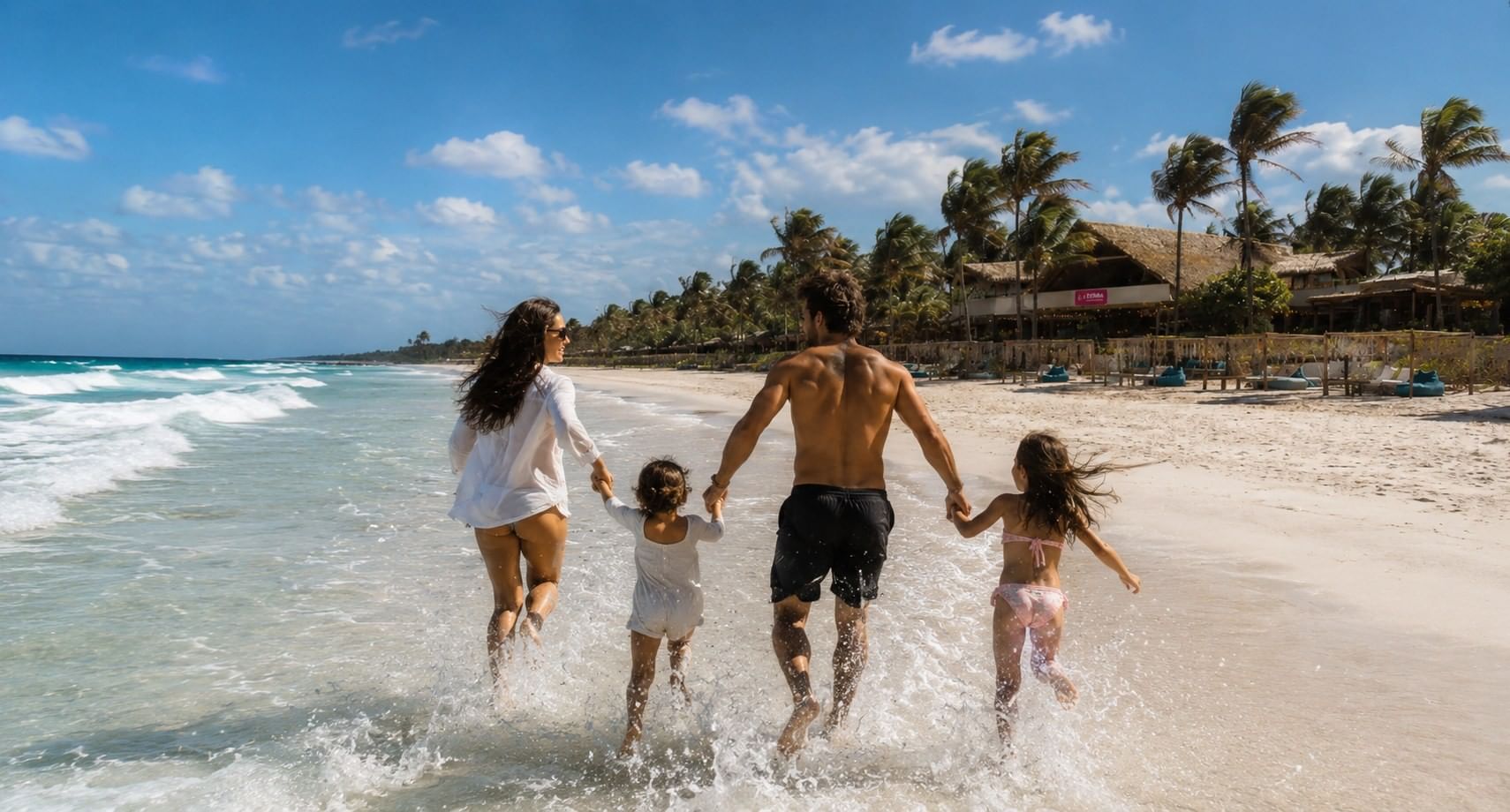 A family holding hands at the shoreline in front of La Zebra in Tulum.