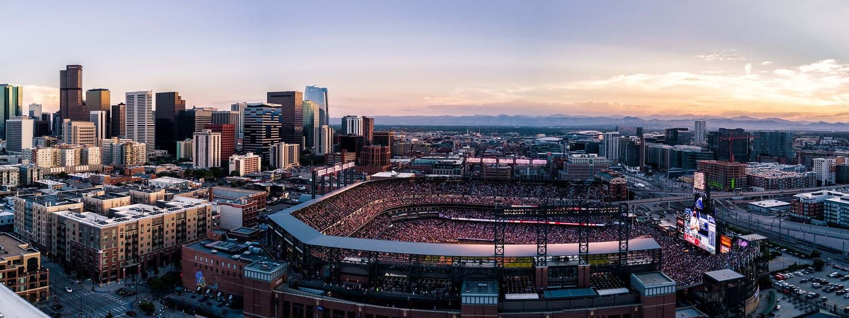 High-angle view of Coors Field Stadium near Warwick Denver