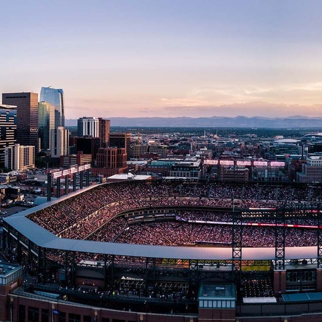 High-angle view of Coors Field Stadium near Warwick Denver