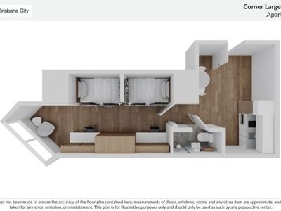 Floor plan of Corner Large Twin Share Apartment at UniLodge Brisbane City.