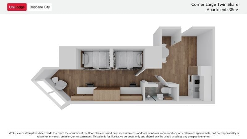 Floor plan of Corner Large Twin Share Apartment at UniLodge Brisbane City.