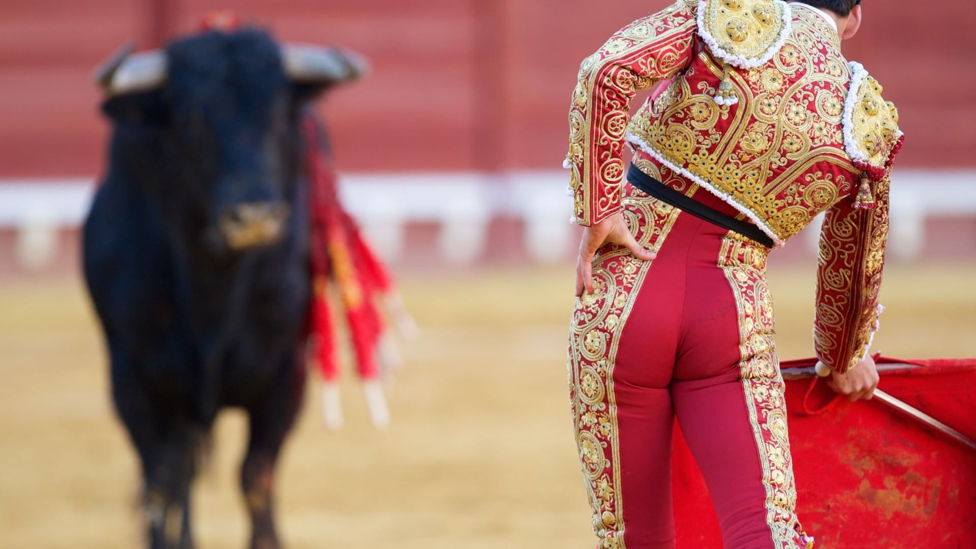 Antigua Plaza de Toros San Marcos with red and gold suit facing a large bull near Quinta Real Aguascalientes