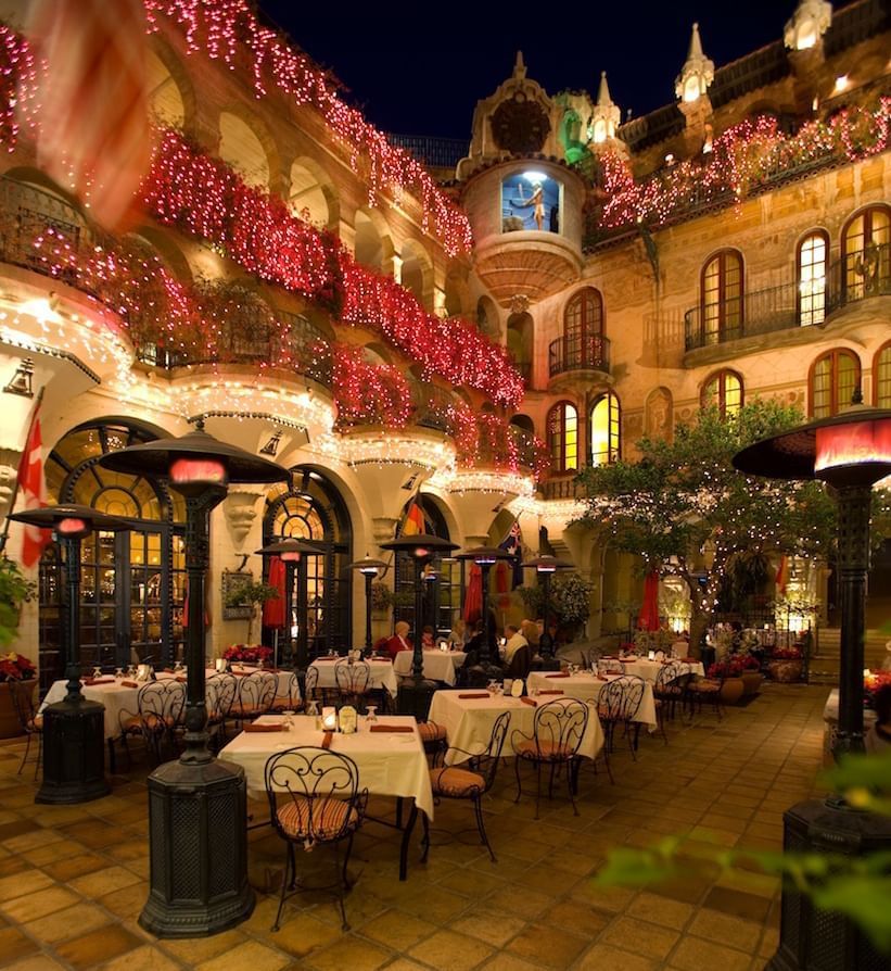 Decorated outdoor dining area at Mission Inn Riverside
