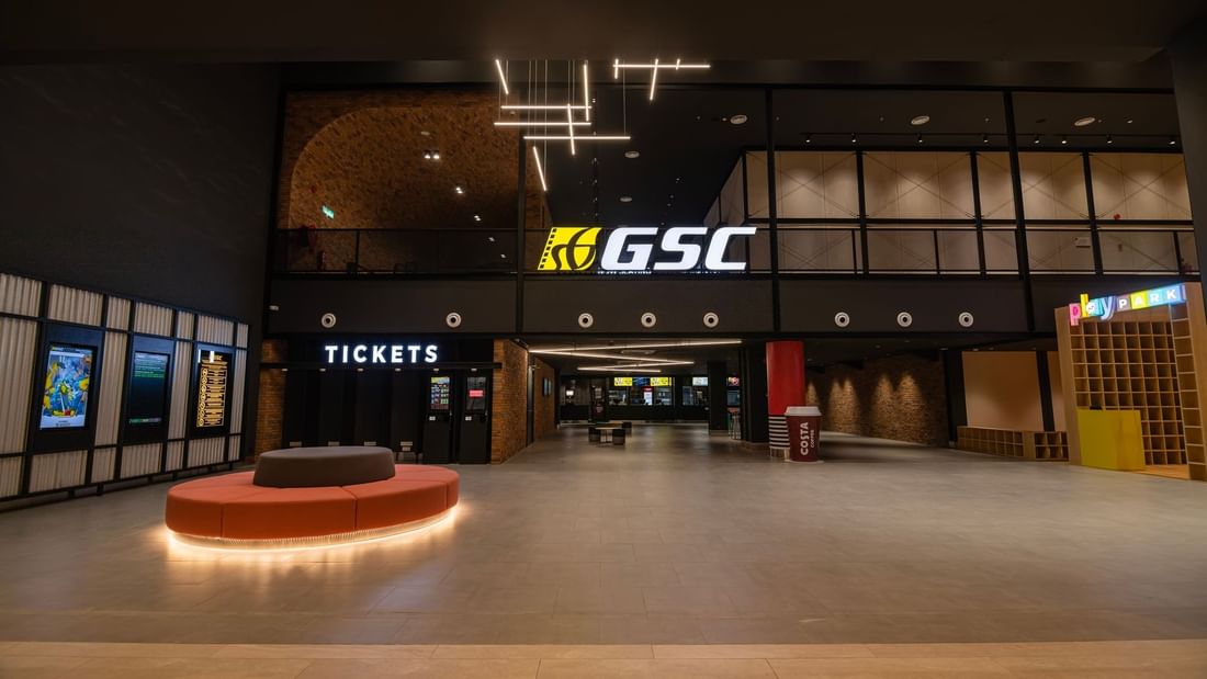 Lobby with playful decor and large GSC signage above Sunway Hotel Big Box