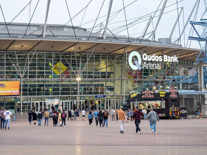 Crowd by the Qudos Bank Arena entrance near Pullman Sydney Olympic Park