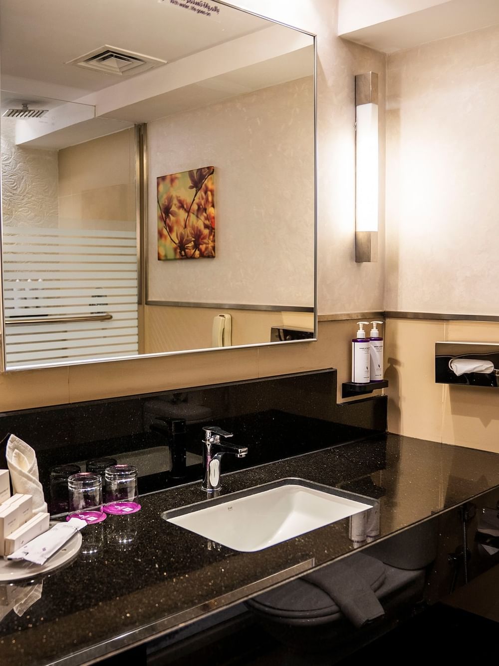 حمام مزود بمغسلة ومرآة ومرحاض في غرفة 