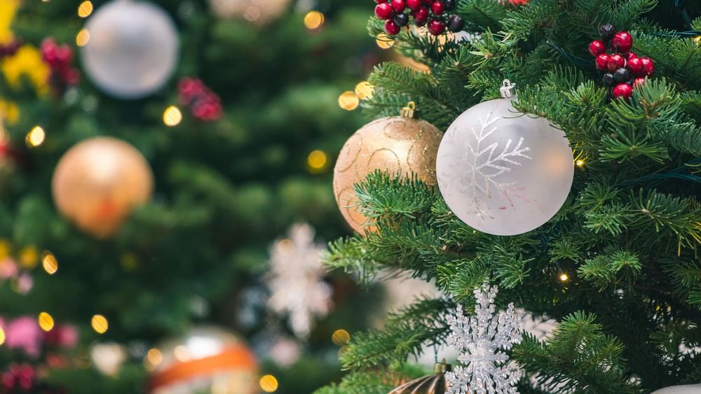 Gros plan sur un sapin de Noël décoré d'ornements colorés au Warwick Hotels & Resorts.
