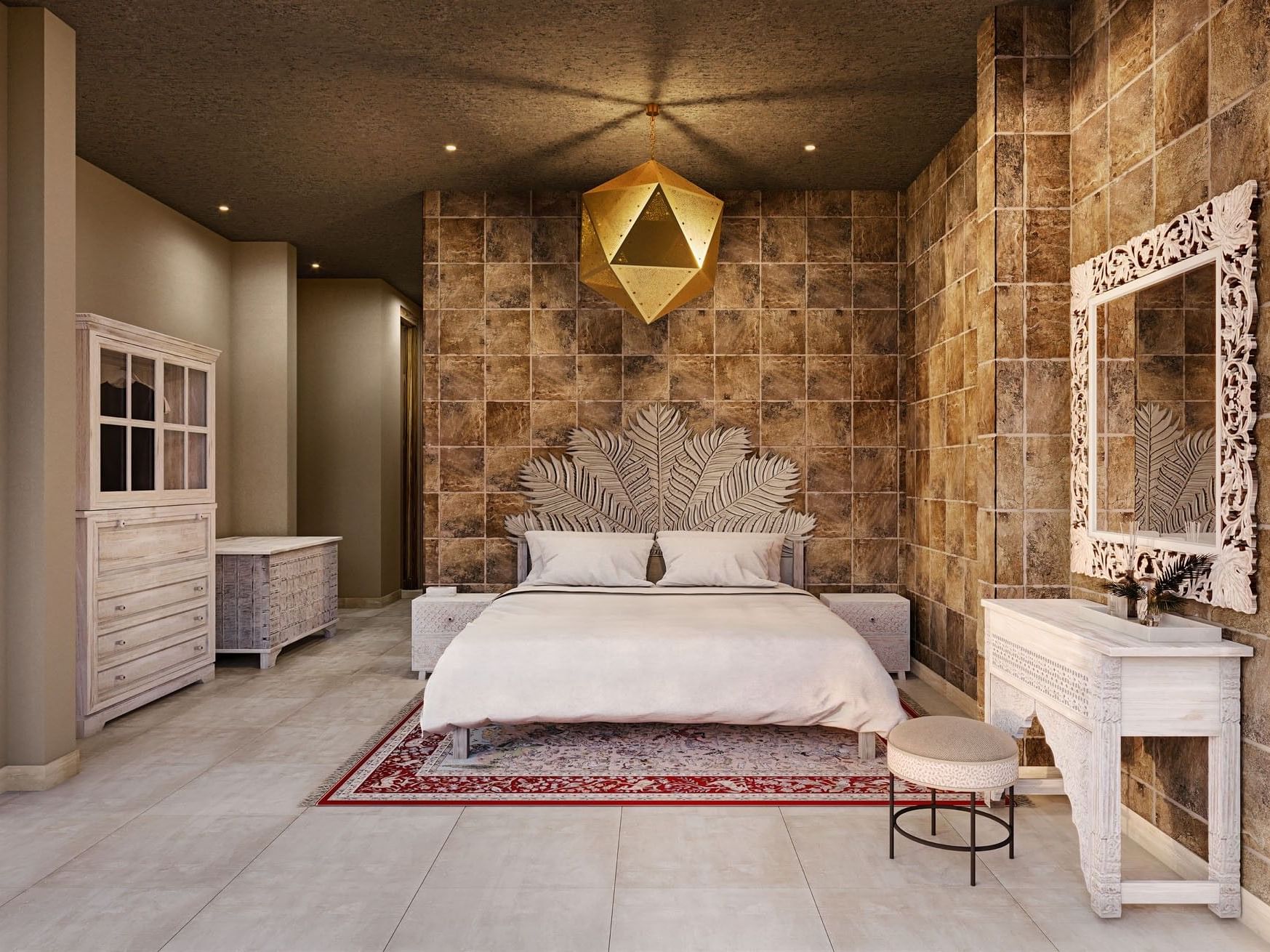 A bedroom with a bed, nightstands, dresser, stool, mirror, and geometric pendant light hanging from the ceiling.