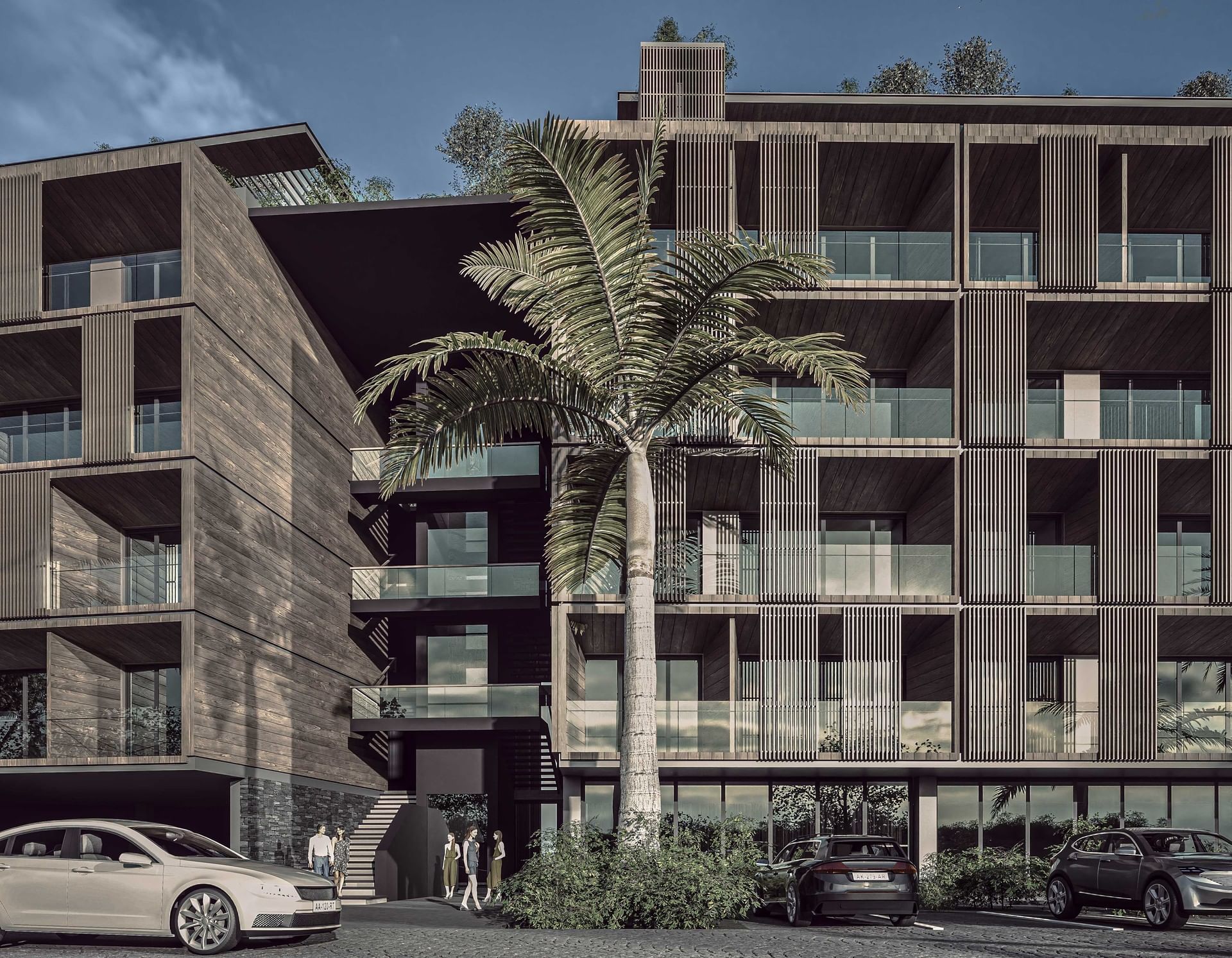 Modern multi-story Sunset Residence with a unique wood-and-glass facade and a parking lot at A'ila Residences