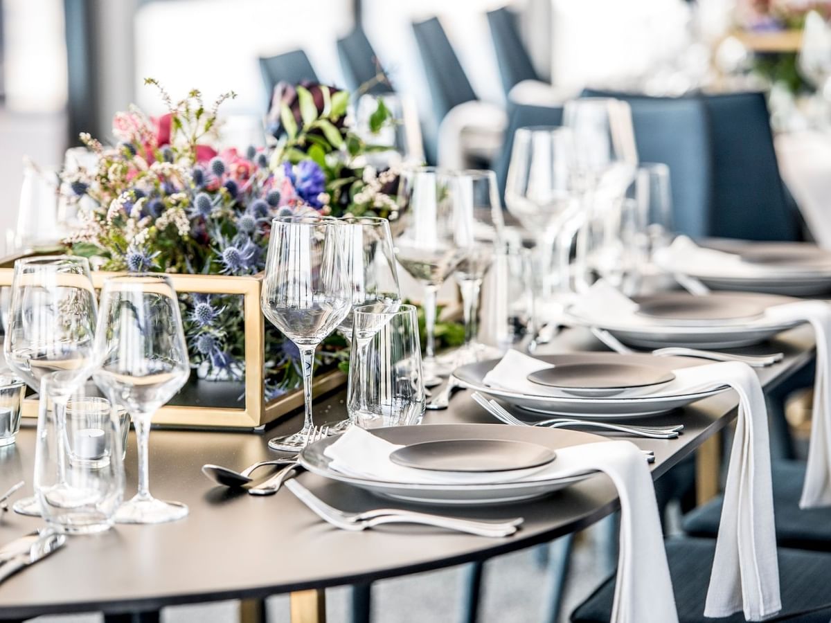 Close-up of table utensils on a wedding setup at Crown Hotels