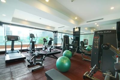 Exercise machines, yoga balls, fitness center at Amora Hotel