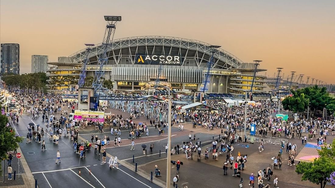 Distant view of the crowded Accor Stadium near Pullman Sydney Olympic Park