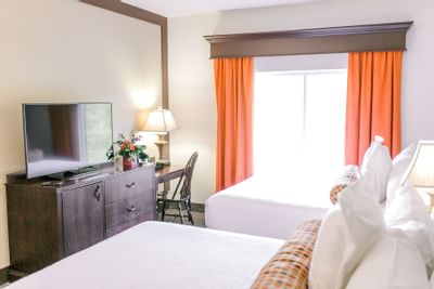 two beds with white sheets next to window and orange curtains