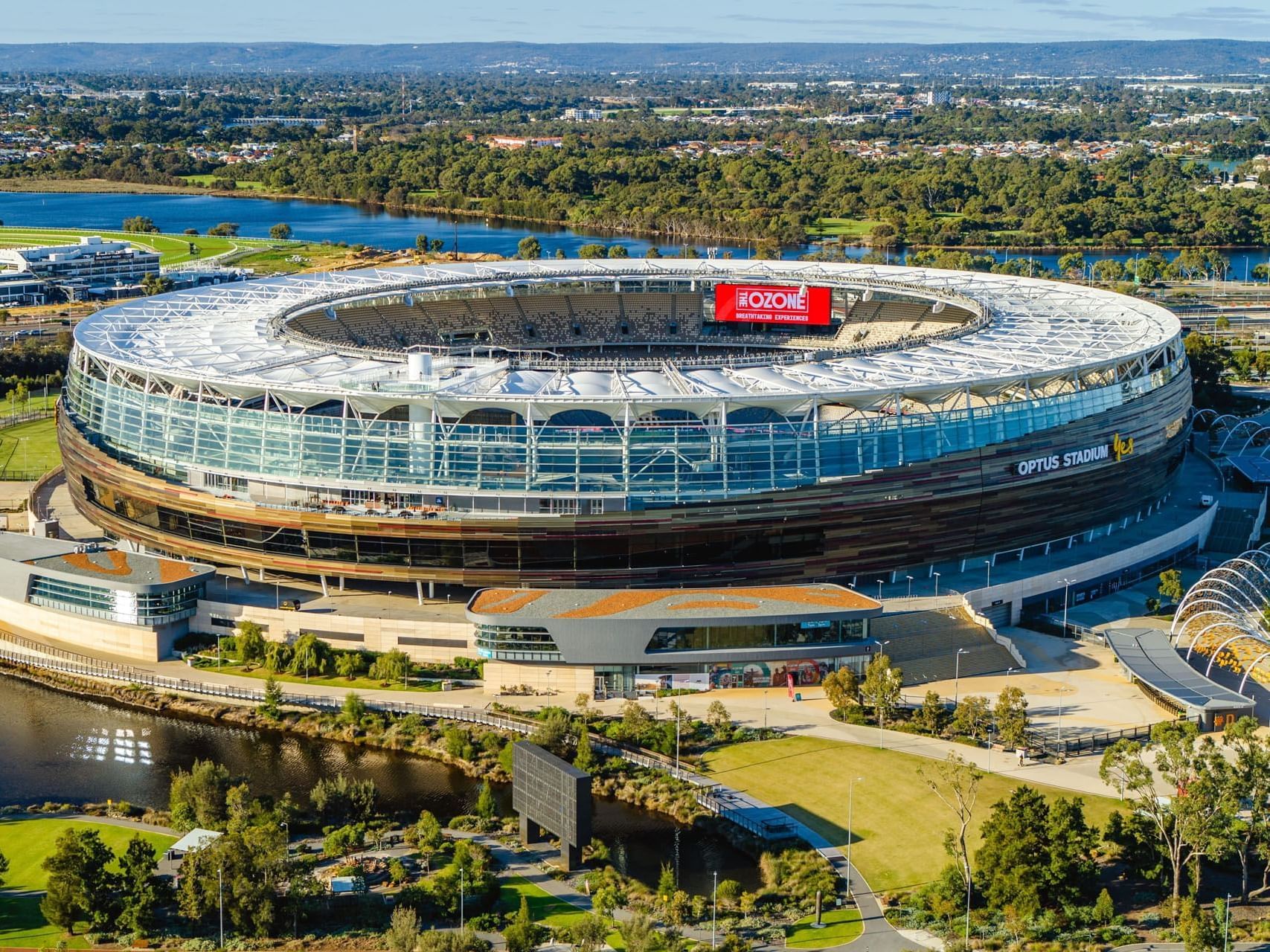 Aerial view of Optus Stadium near Melbourne Hotel Perth