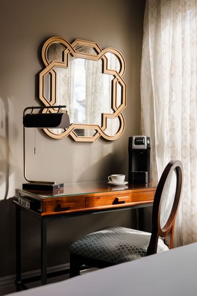 Workspace with stylish geometric mirror in Deluxe Two Double Beds Room at Hotel Bijou, featuring San Francisco accommodation