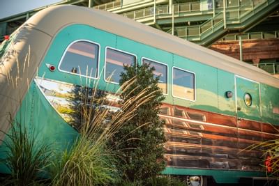 A retro vintage trailer parked at Backstage at the Verb