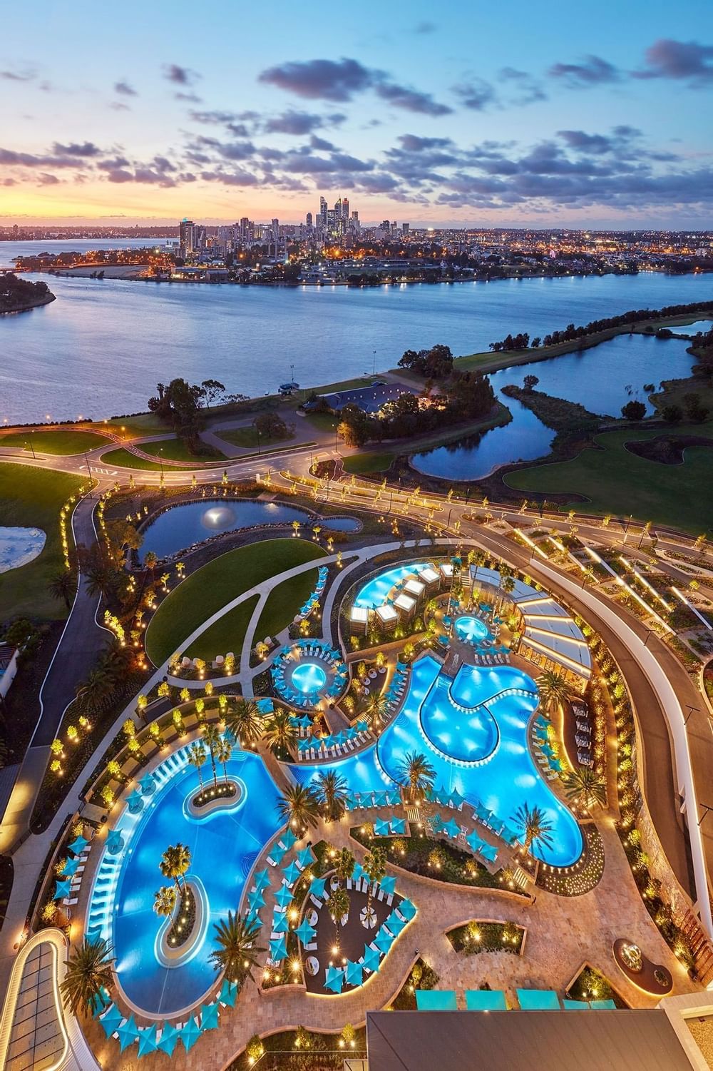 Aerial view of pool complex & the city near Crown Hotel Perth