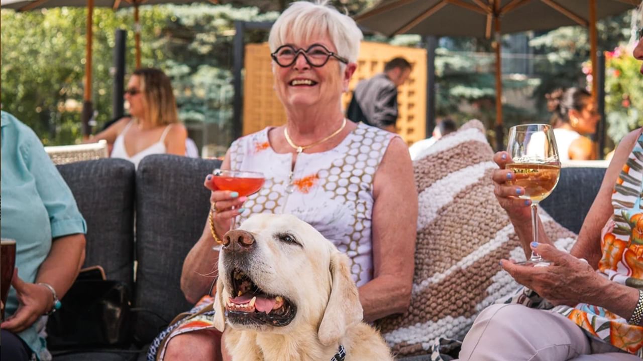 Close-up of smiling woman with dog on patio