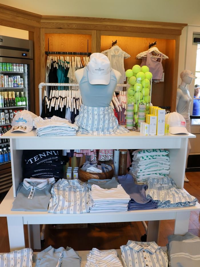 Clothing and accessories on display at the Camp Creek Racquets Pro Shop in Inlet Beach.
