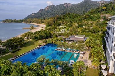 Aerial landscape view of the outdoor pool at The Danna Langkawi