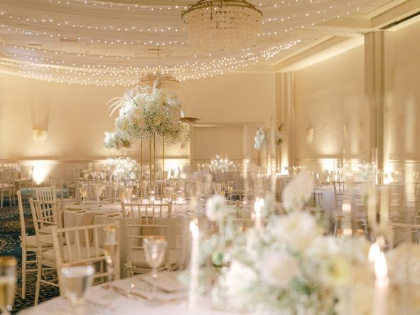 White wedding table set-up in Ballroom, Ocean Place Resort