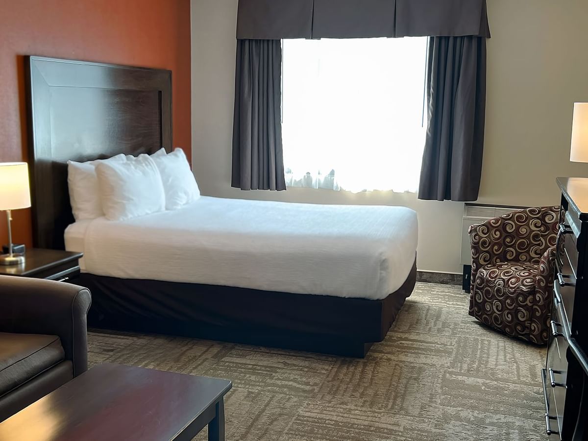 Hotel bedroom with bed, small couch, table, and sofa