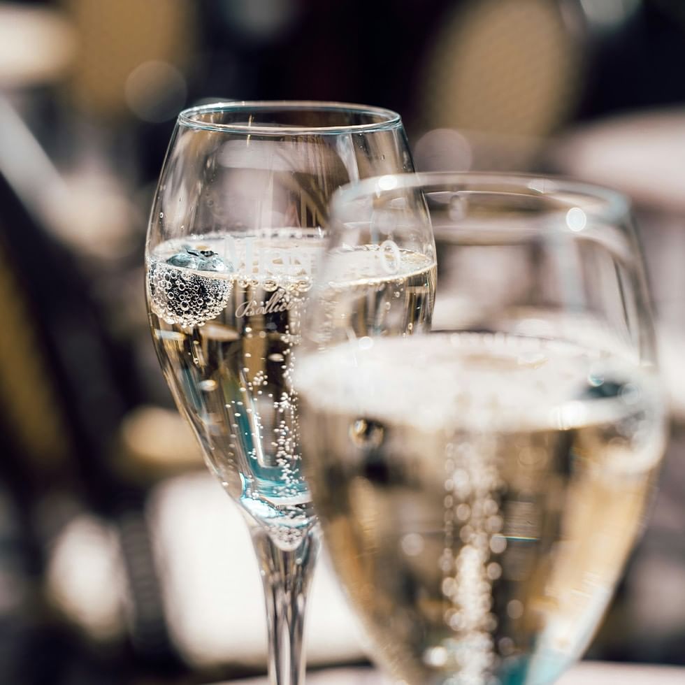 Zwei Gläser mit Prosecco und Bläschen bei einer Verkostung.