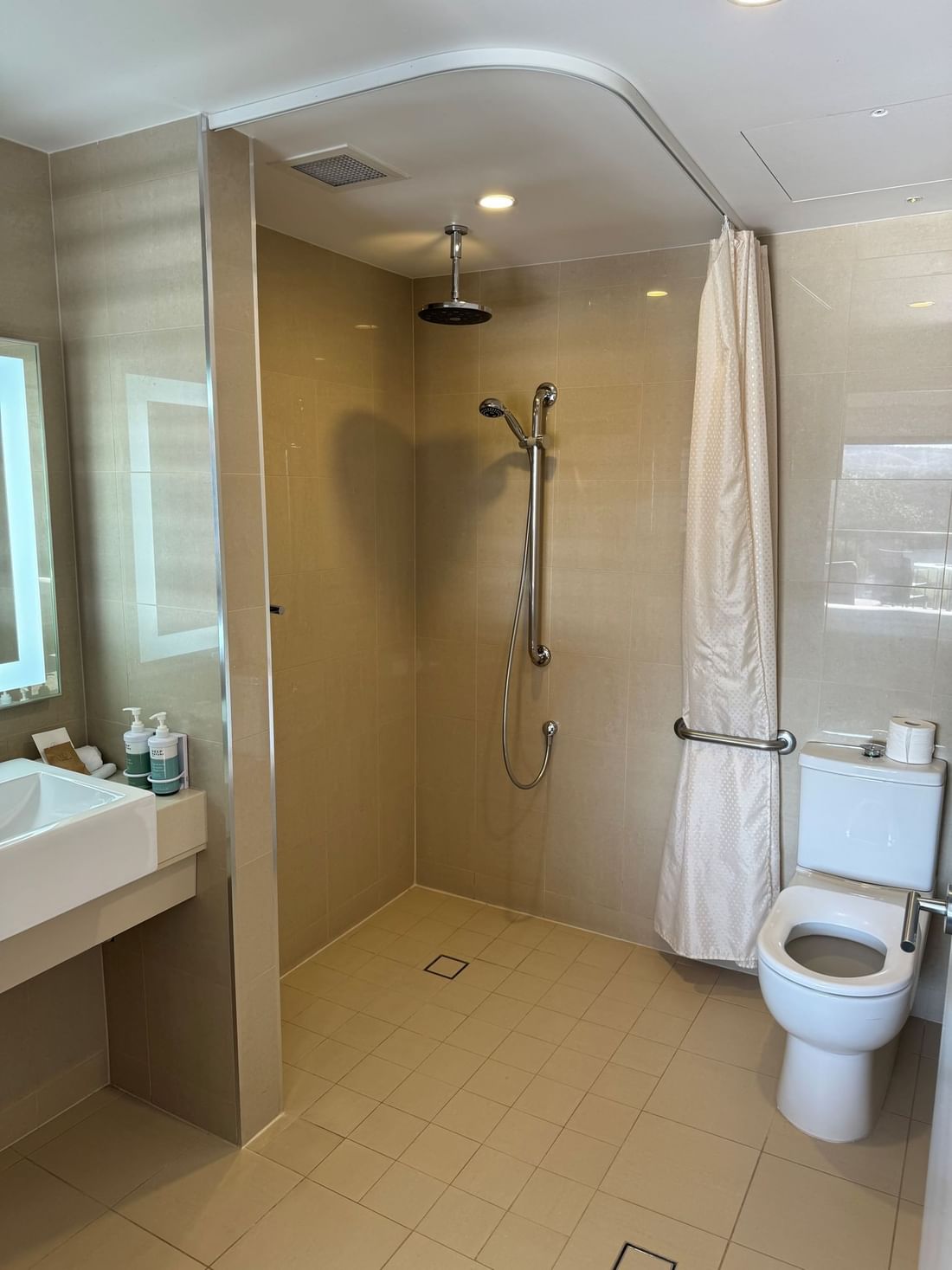 Bathroom with an accessible shower and a toilet with grab bars in Accessible Room at Novotel Barossa Valley Resort