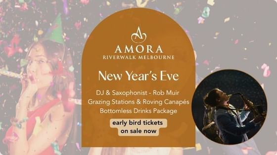 Poster of New Year's Eve event flyer with confetti at Amora Hotel Riverwalk Melbourne