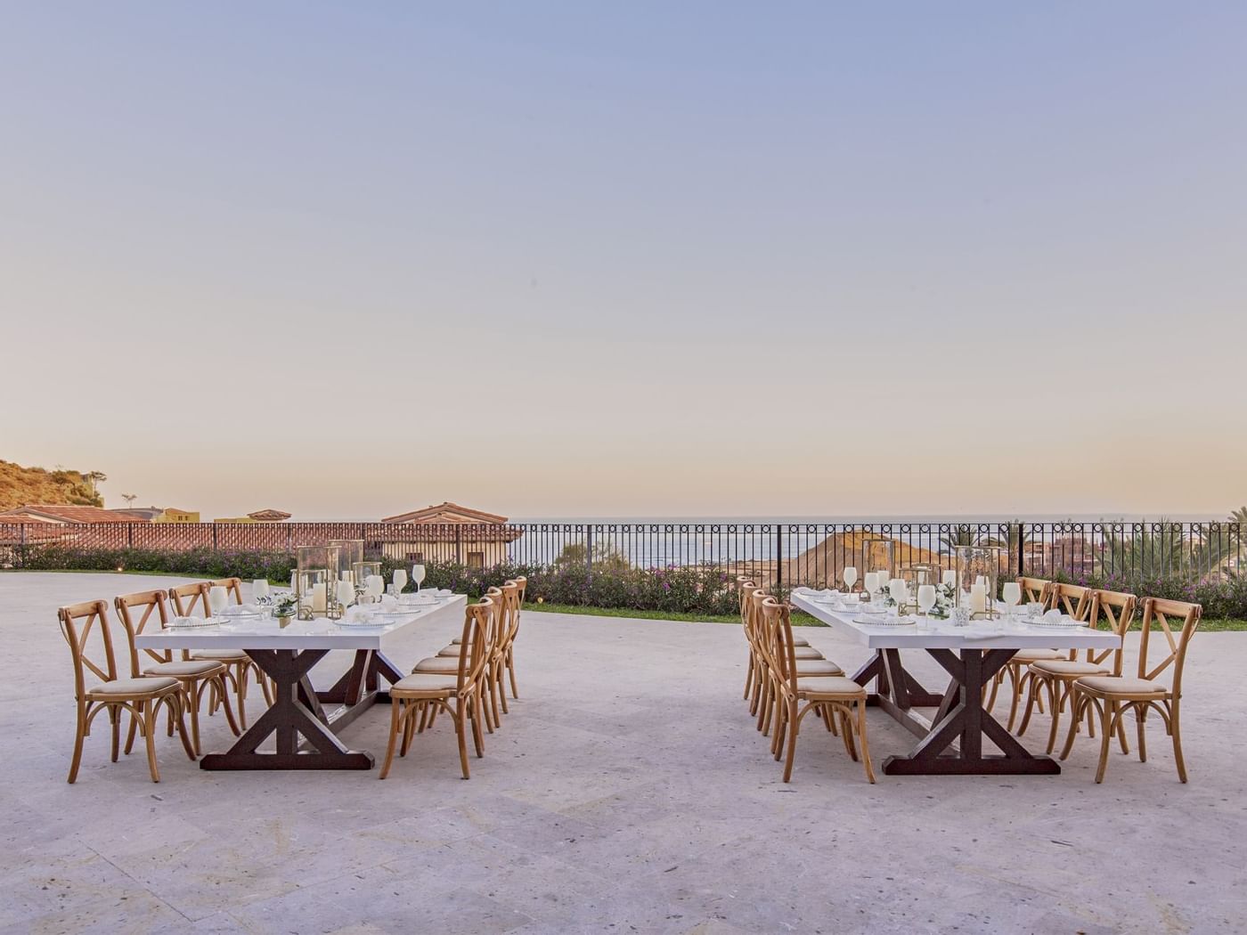 Wedding dinner outdoor table setup on Mai terrace at Live Aqua Resorts