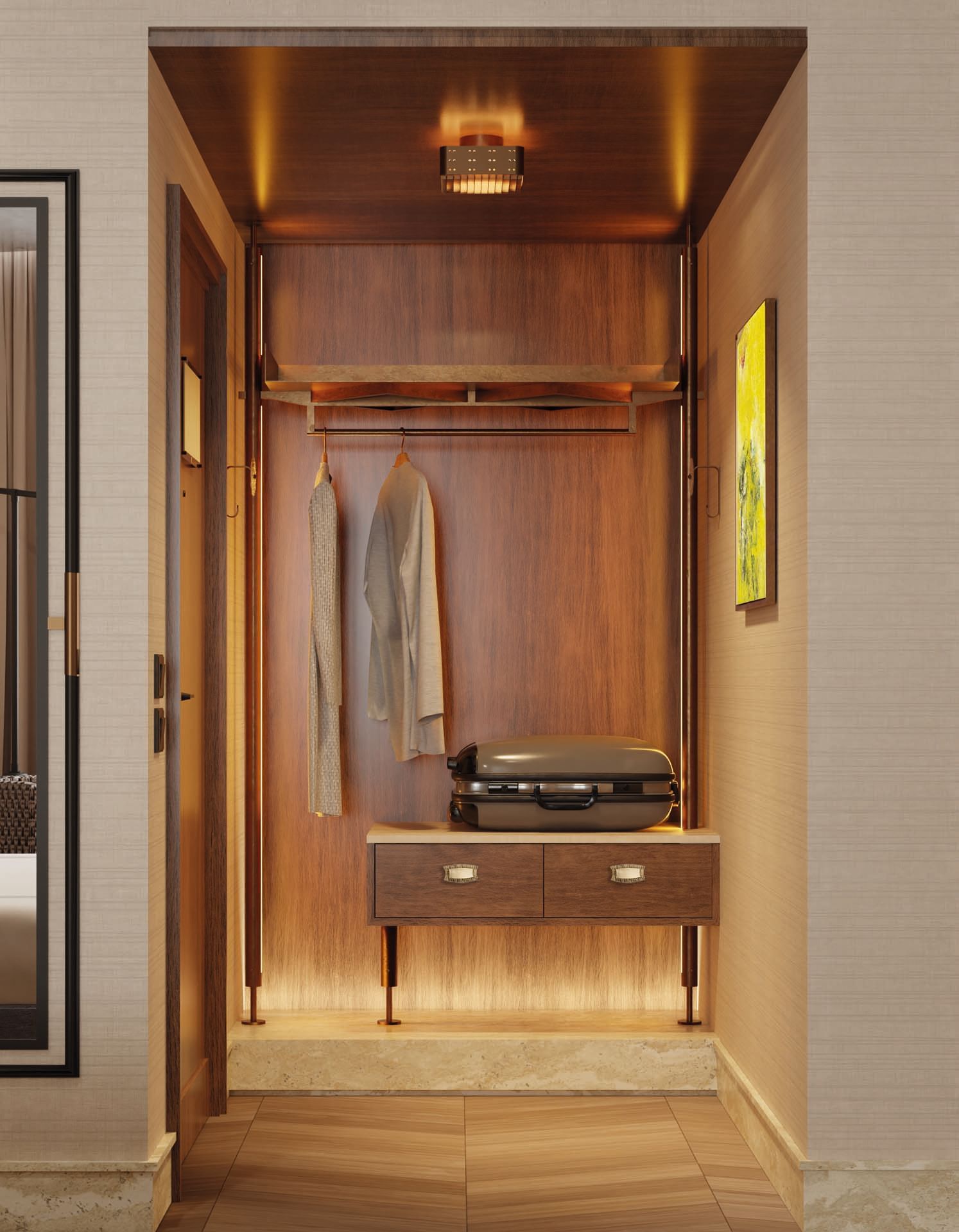 Stylish wooden closet with hanging clothes and a suitcase in a modern room at Thompson Rome by Hyatt