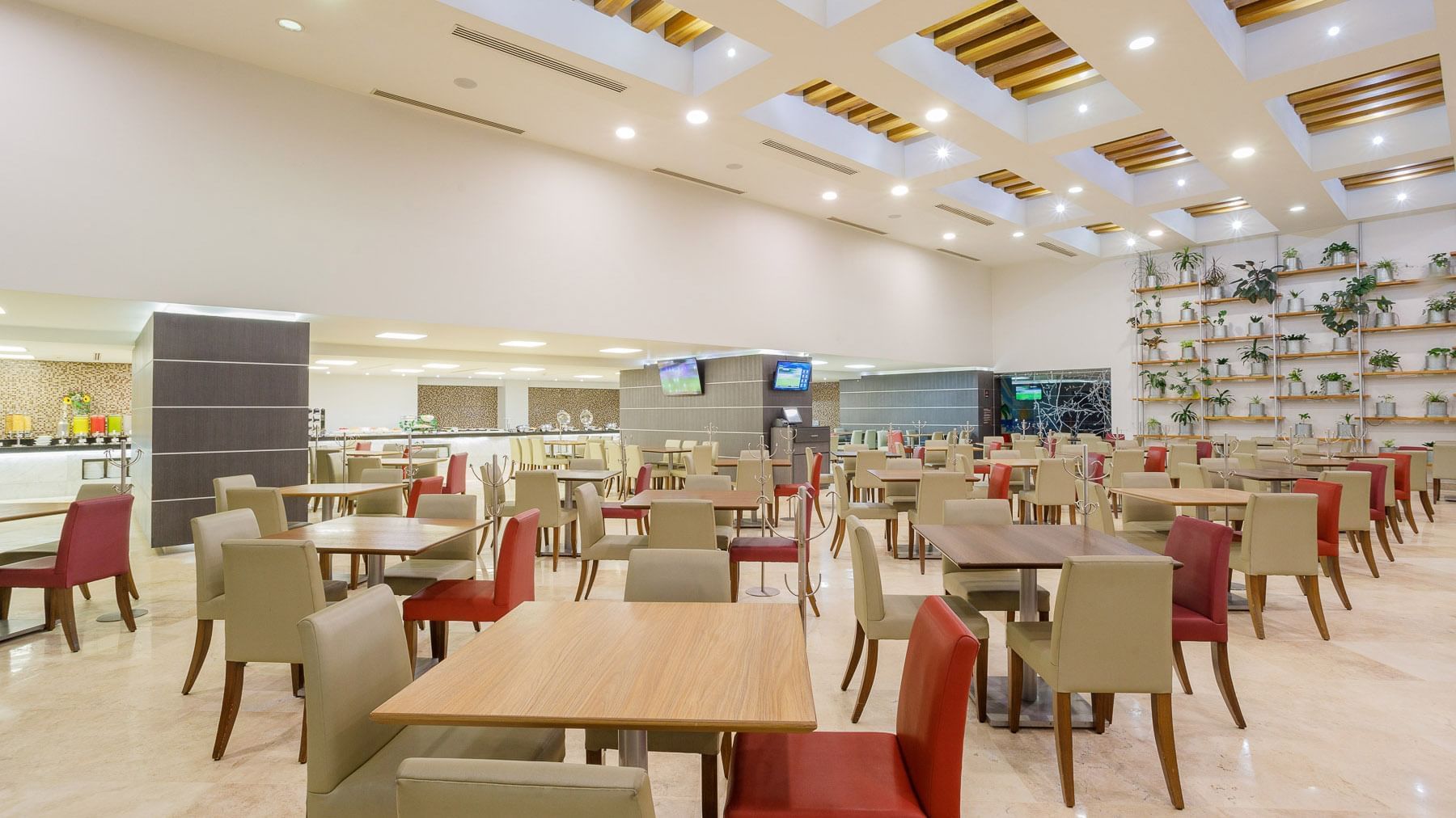 Stock Café featuring wooden tables and a large wall of potted greenery at Real Inn Tijuana
