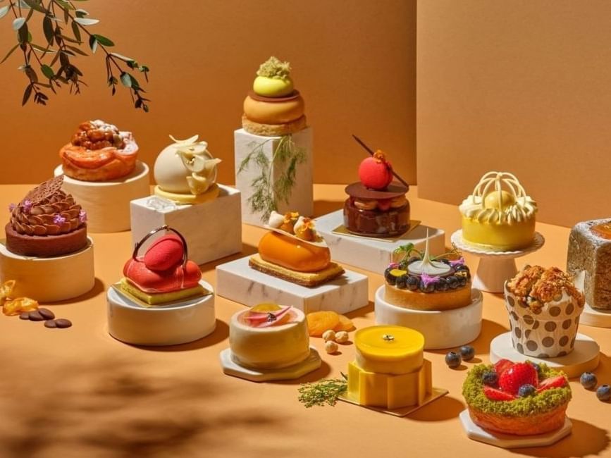 Petite cakes & pastries served in Tuxedo Café & Pâtisserie at Carlton Hotels Singapore