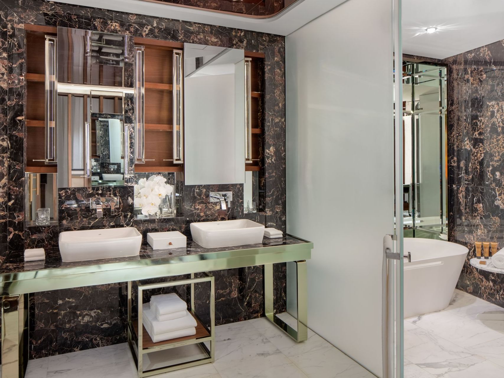 Bathroom vanity and bathtub in Don Corleone Suite at Paramount Hotel Dubai