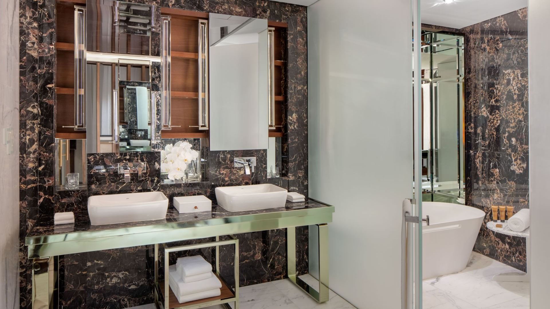 Vanity of Don Corleone Suite bathroom at Paramount Hotel Dubai