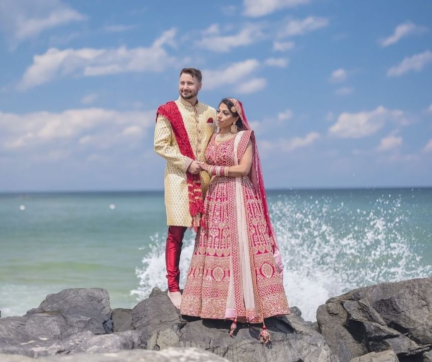 South Asian Wedding couple on the beach, Ocean Place Resort