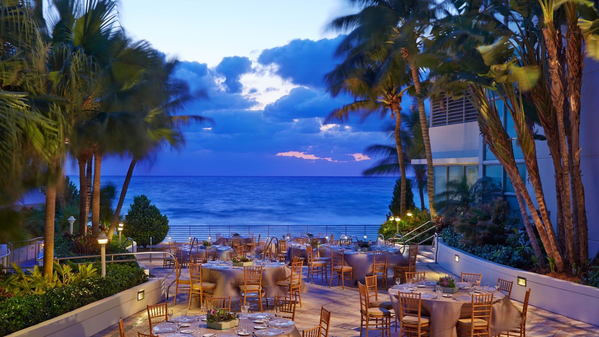 Dining area arrangement in Oceanfront Event Terrace at The Diplomat Resort