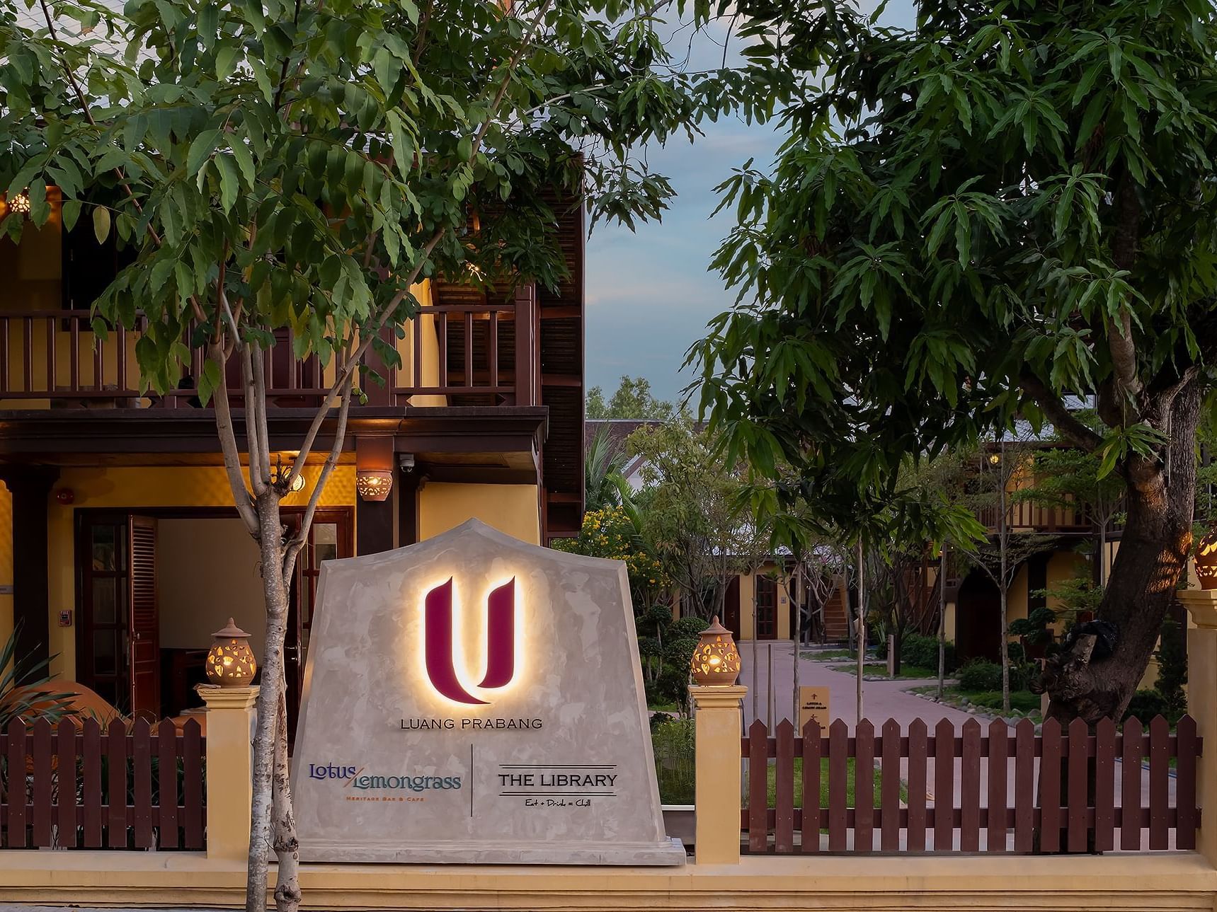 U Luang Prabang entrance with Hotel logo sign