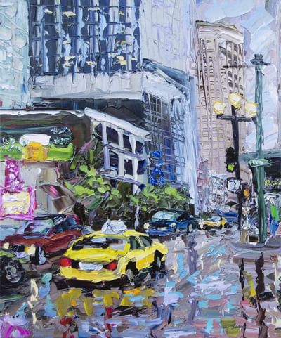 A colorful painting of a street in Seattle with cars and buildings on a rainy day at The Paramount Hotel Seattle
