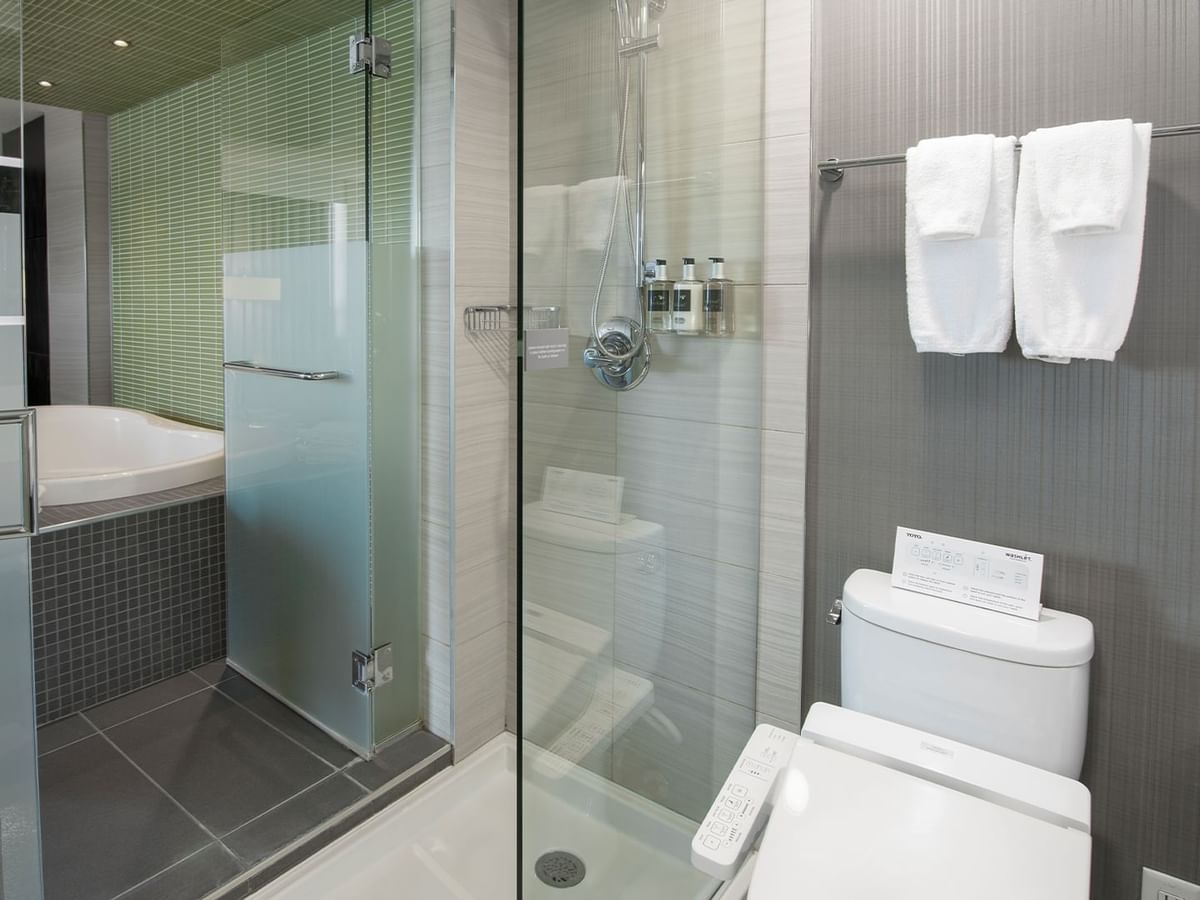 Modern bathroom with bathtub, shower, and toilet