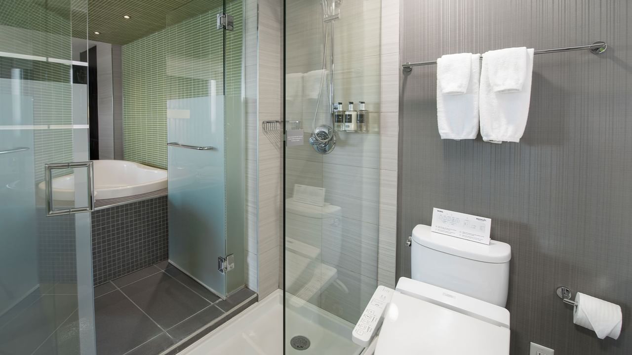 Modern bathroom with bathtub, shower, and toilet