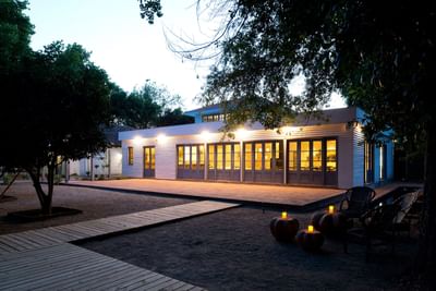 Exterior of NOI Blend Colchagua, hotels in Colchagua Valley, Chile with wooden chairs by a stone path beneath a leafy canopy