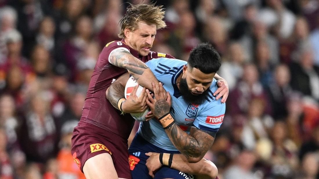 Rugby players in action during State of Origin 2026 - Game 1.