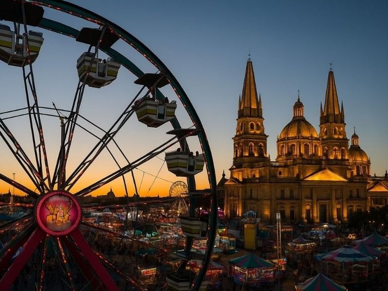 Atardecer con vista a la noria cerca de la iluminada Catedral Basílica de la Asunción de María Santísima, junto a Fiesta Inn